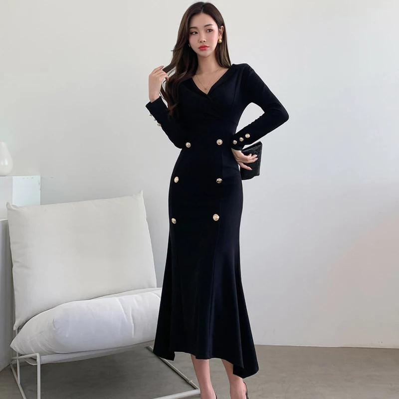 

Женское трикотажное платье на молнии, однотонное офисное платье с длинным рукавом и высокой талией, в Корейском стиле, осень 2021