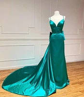 sexy emerald green long prom dresses 2021 spaghetti strap bow knot backless satin pageant women party vestidos robes de soiree