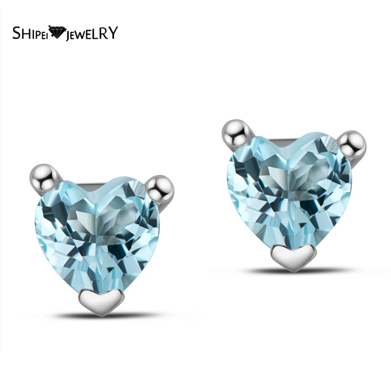 

Shipei 100% 925 Sterling Silver Natural Love Heart Blue Topaz Gemstone Wedding Engagement Ear Studs Earrings Fine Jewelry Gifts