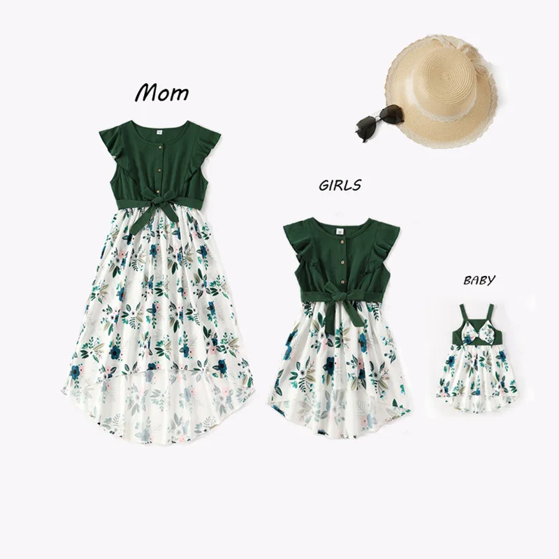 

2021 New Summer Kerean Dresses Matching Mother Daughter Clothes Family Matching Parent-child Outfit Flowered Fashion