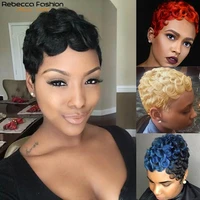 rebecca fashion short pixie wig short cute straight wave human hair wigs for women peruvian remy full wig black blonde blue red