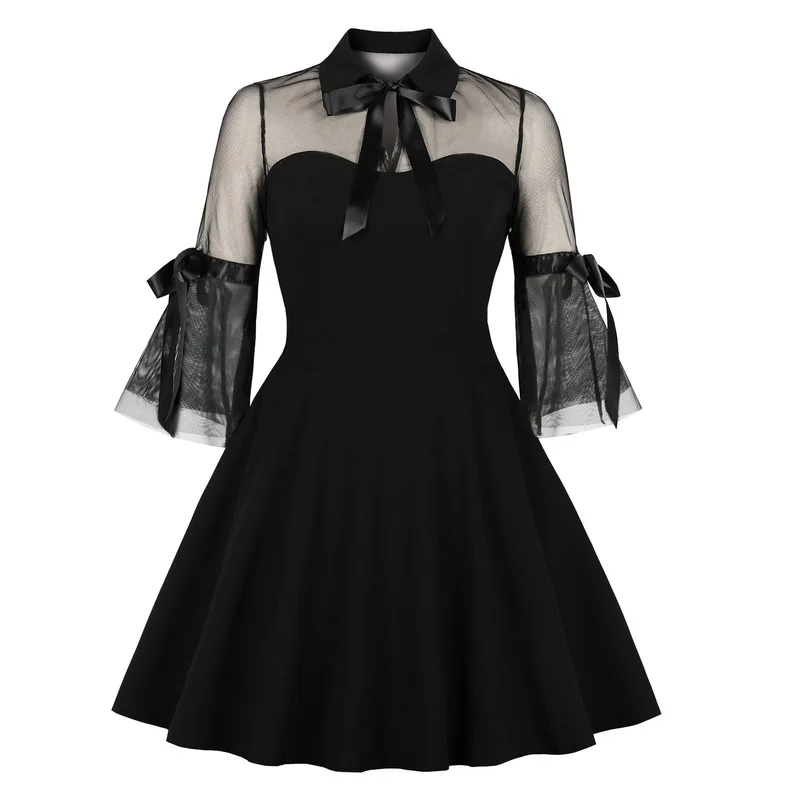 

Gothic 90s Vintage Women Sexy Black Mesh Dress Summer Dress 2021 Puls Szie Lace Long Sleeve Mini Dresses Female Lace Sundress