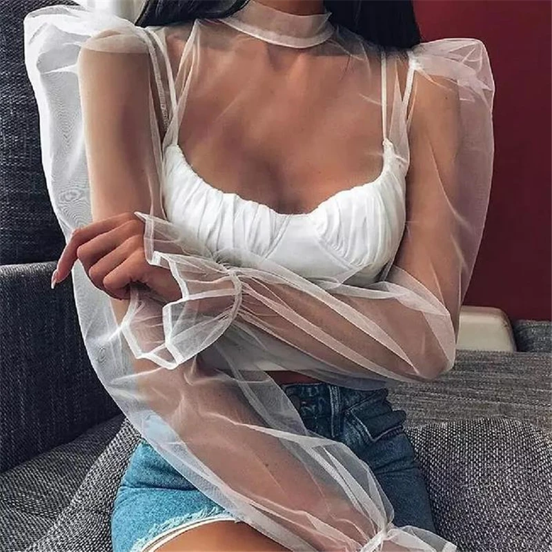 Модная женская рубашка с пышными длинными рукавами топы рубашки прозрачная