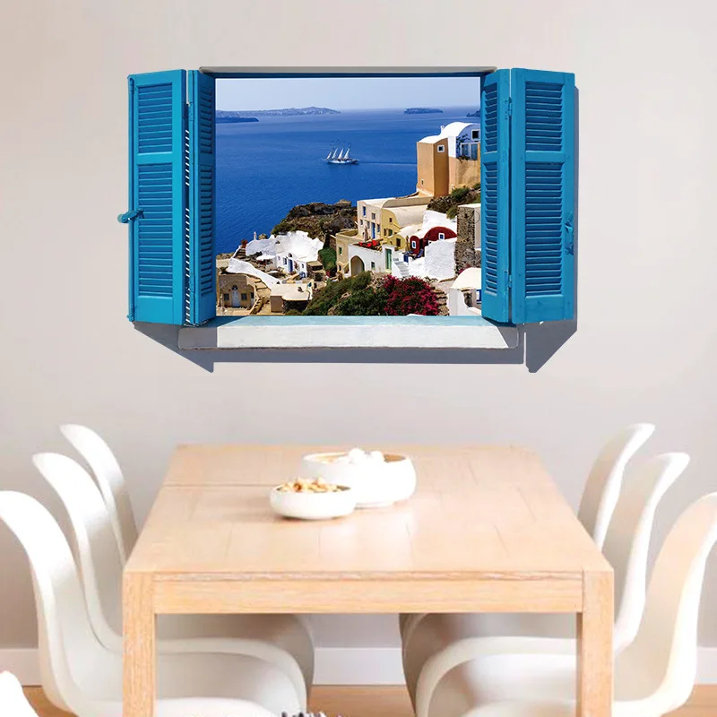 

Removable 3D wall sticker Mediterranean Blue false window landscape bedroom living room PVC waterproof decoration sticker