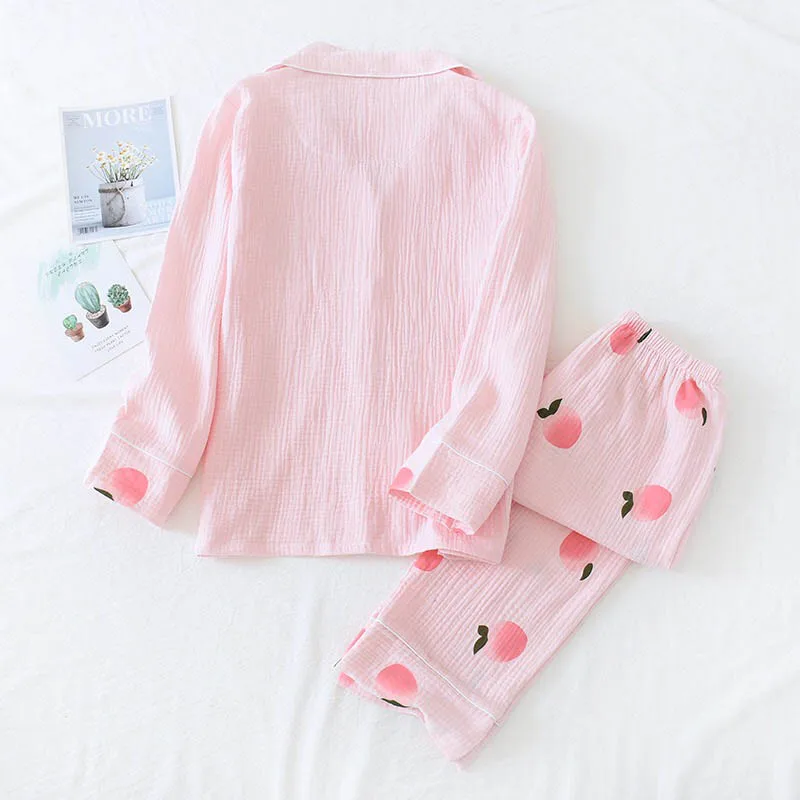 Весенняя женская марлевая хлопковая одежда для сна с мультяшным персиковым