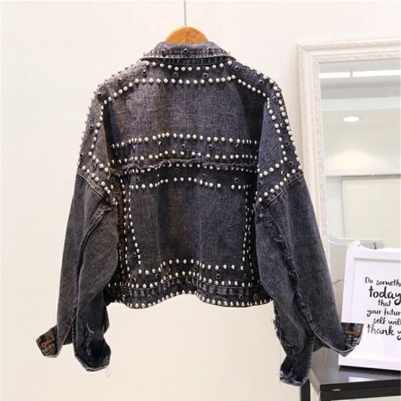 2021 New Autumn Women Denim Jacket Heavy industry Rivet Beaded Jeans Coats Long Sleeve Casual Female Loose Outwear Plus Size | Женская