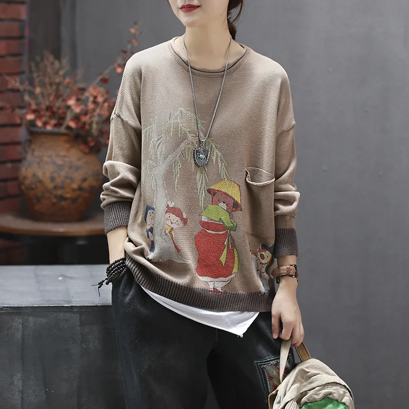 Autumn Sweater Retro Knitting Women Loose Pullovers New 2019 Ladies Tops O-Neck Long-sleeved Print Character Mori Girl | Женская одежда
