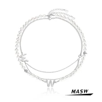 masw original design natural freshwater pearl necklace two layer chain metal letter w pendant necklace fashion women jewelry