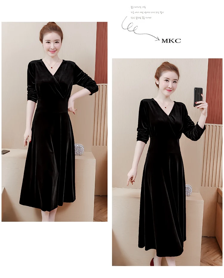 women velvet plus size L-5XL dress XXL XXXL 3XL XXXXL 4XL V-neck 2021 autumn winter A-Line Skater slim Casual Swing midi dresses | Женская