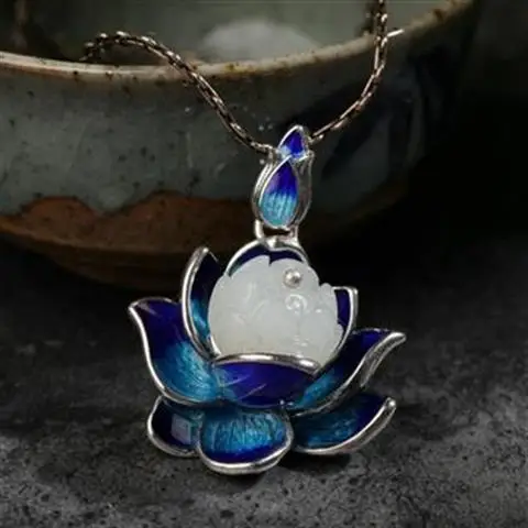 

Yu Lian Sterling Silver Ornament Small for Women Ethnic New Guo Feng Clavicle Necklace Sweater Chain Hotian Jade Pendant Fanghua