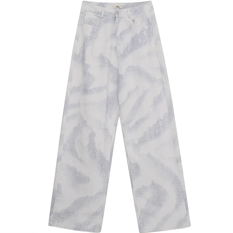 

Japnese Autumn Jeans Straight Tie-Dyed High Waist Long Length Plus Size Denim Pants Pockets Korean Fashion New Casual Trousers