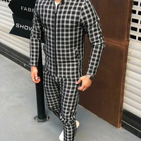 mens spring and autumn large size suit casual sports fashion joker checkered stand collar zipper cardigan jacket trousers