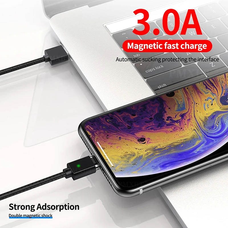 Магнитный кабель быстрой зарядки для смартфонов iPhone Samsung Huawei 3A Micro USB Type-C
