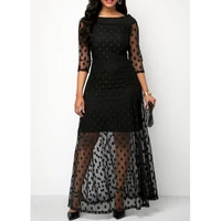 new style 2021 womens elegant black polka dot mesh summer long dress summer slim sexy beach ladies patchwork tulle lace dress