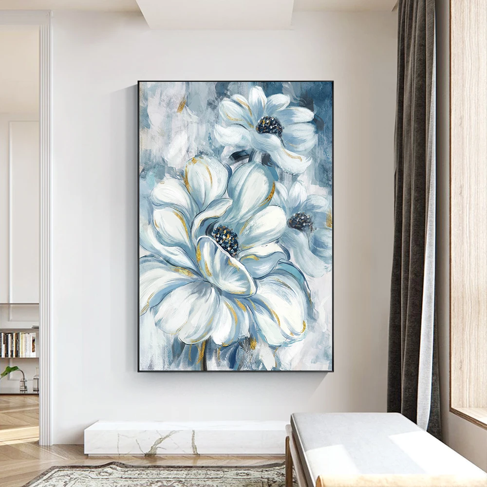 

Nordic Light Blue Flower Oil Painting on Canvas Modern Wall Art Pictures for Living Room Posters and Prints Home Deor Frameless
