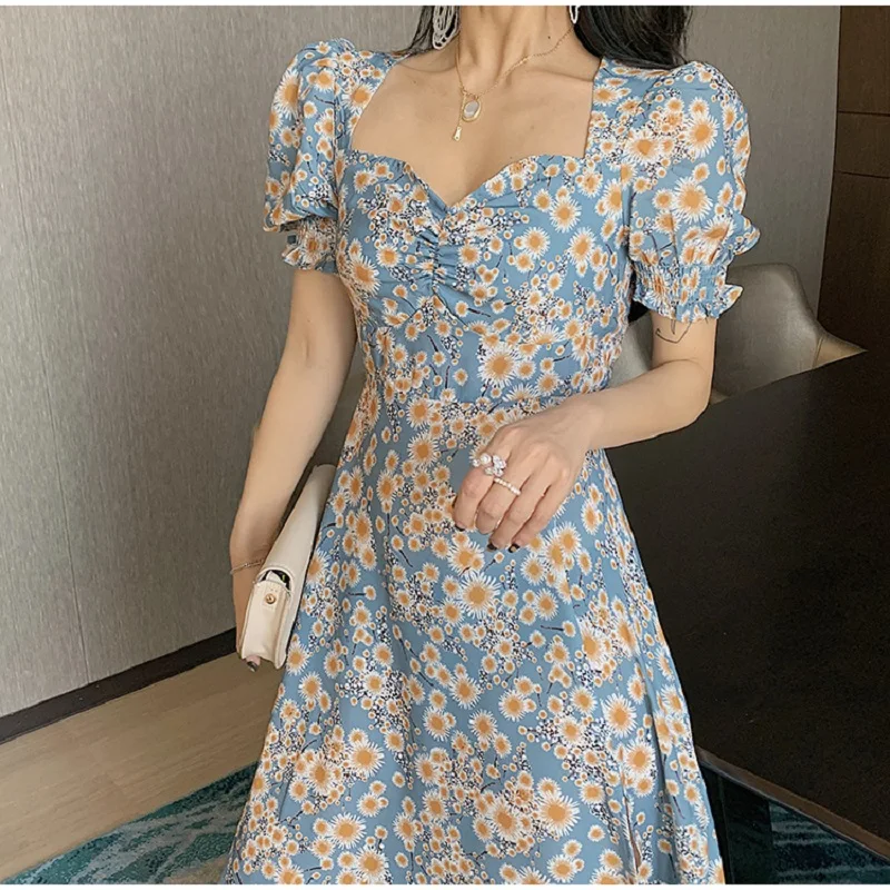 

GRUIICEEN Summer Vintage Sexy Side Party Club Women Dress Elegant Floral Square Collar Puff Sleeve Slim Mid Dress