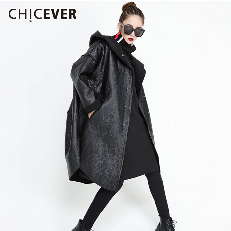 CHICEVER/Женская куртка из искусственной кожи с капюшоном v образный вырез длинный