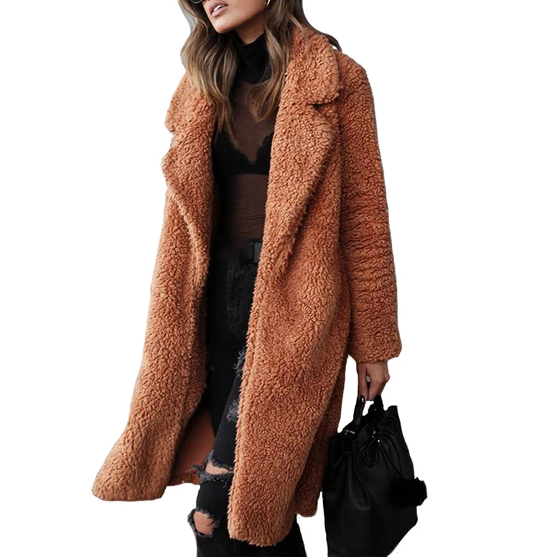 

Women Faux Fur Teddy Coat Long Fur Coat Lapel Shaggy Jackets Ladies Autumn Winter Thick Warm Fluffy Overcoat Plus Size Outerwear