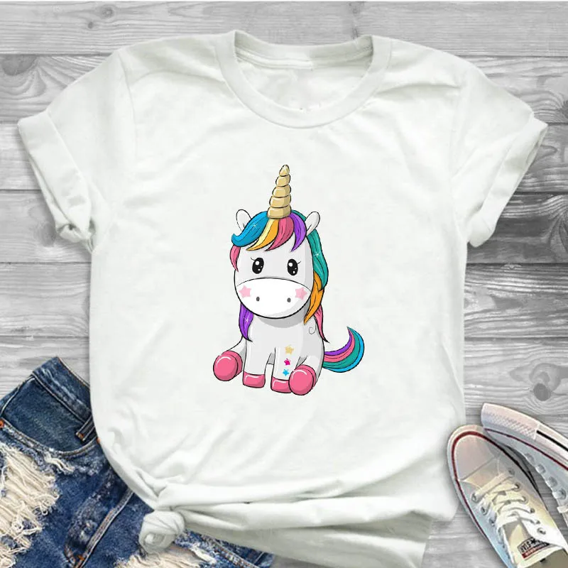 Футболка женская с принтом единорога милая Свободная рубашка коротким рукавом
