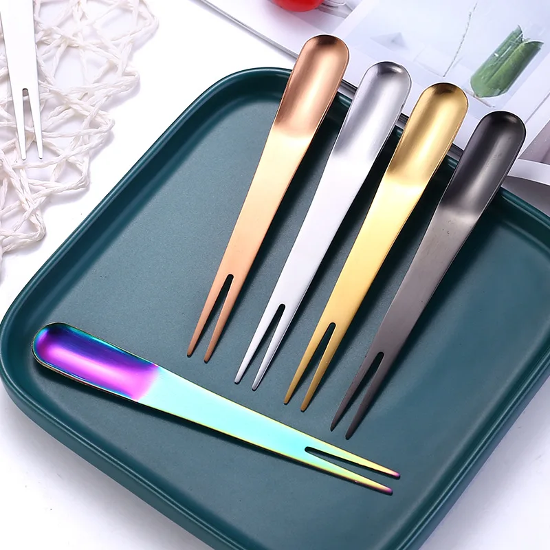 

Stainless Steel Two-in-One Fruits Fork Spoon Salad Ice Cream Dessert Tableware Kitchen Food Dinnerware Silver Spork 12 cm