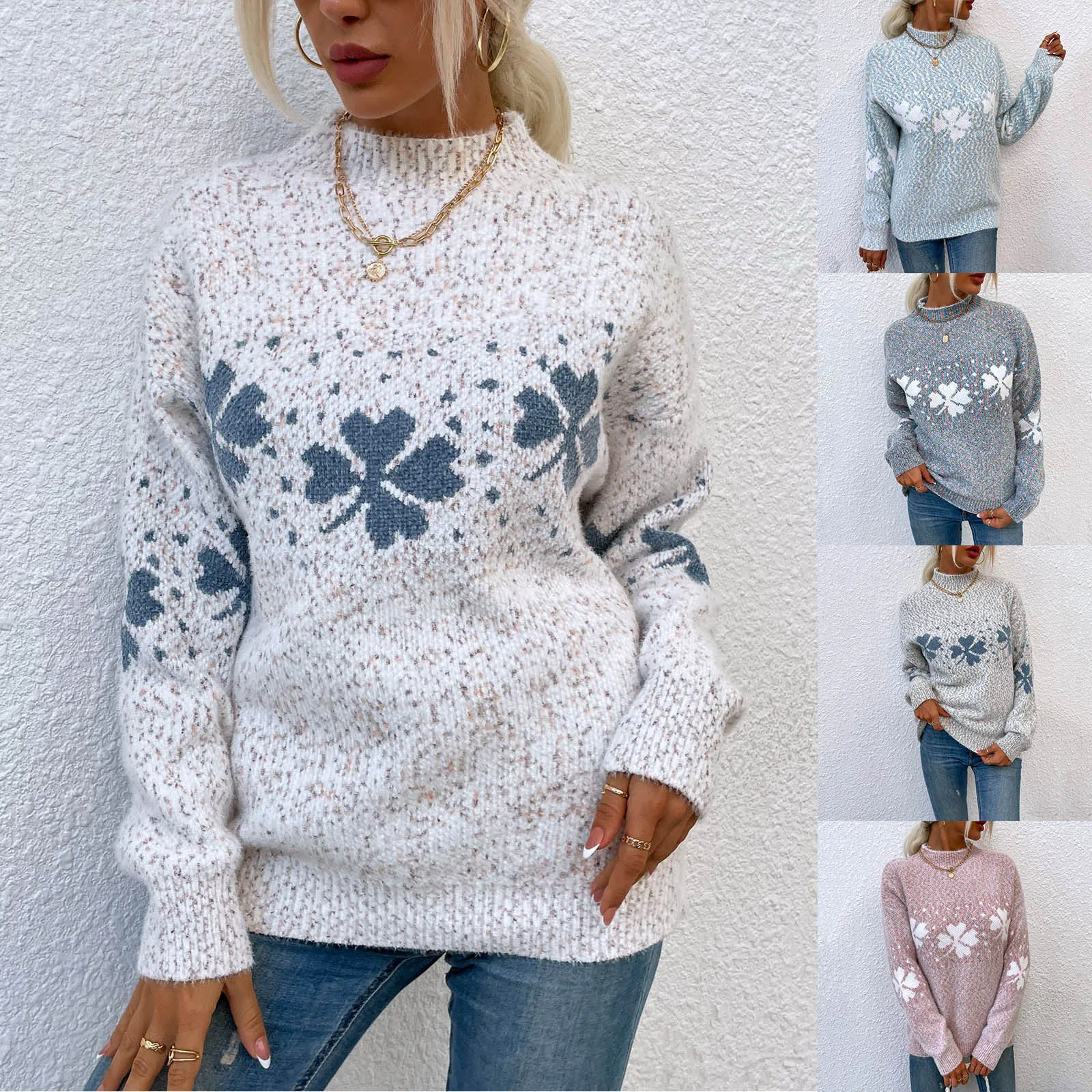 Модные свитера с принтом клевера Женский Рождественский пуловер высоким воротом