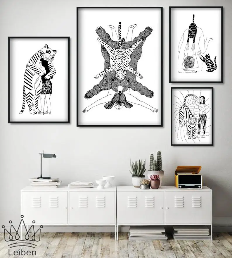 

Nordic Abstract Girl Tiger Canvas Painting Modern Black and White Minimalist Poster Wall Art Pictures for Living Room Decoration