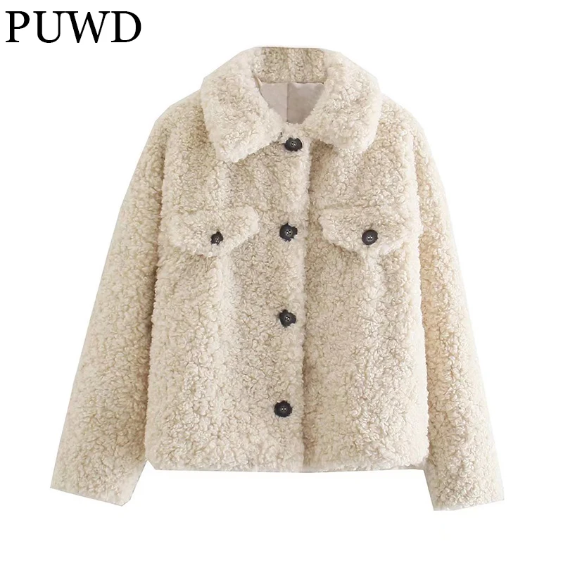 

PUWD Casual Women Fleece Shirt Jacket 2021Autumn Winter All-match Retro High Street Solid Trend Loose Female Chic Thick Outwear