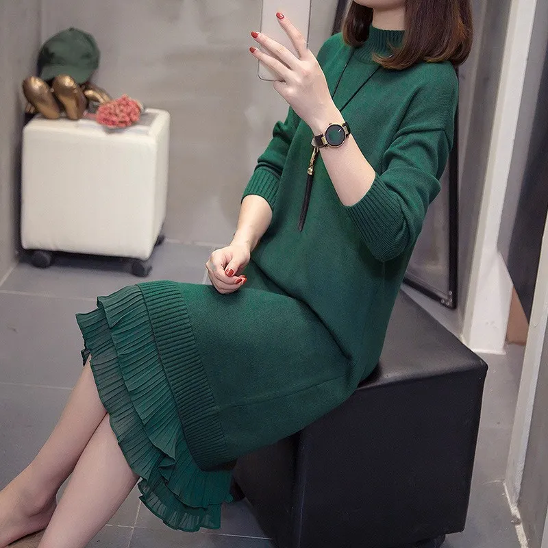 2019 осеннее женское базовое трикотажное платье миди воротник-стойка длинный