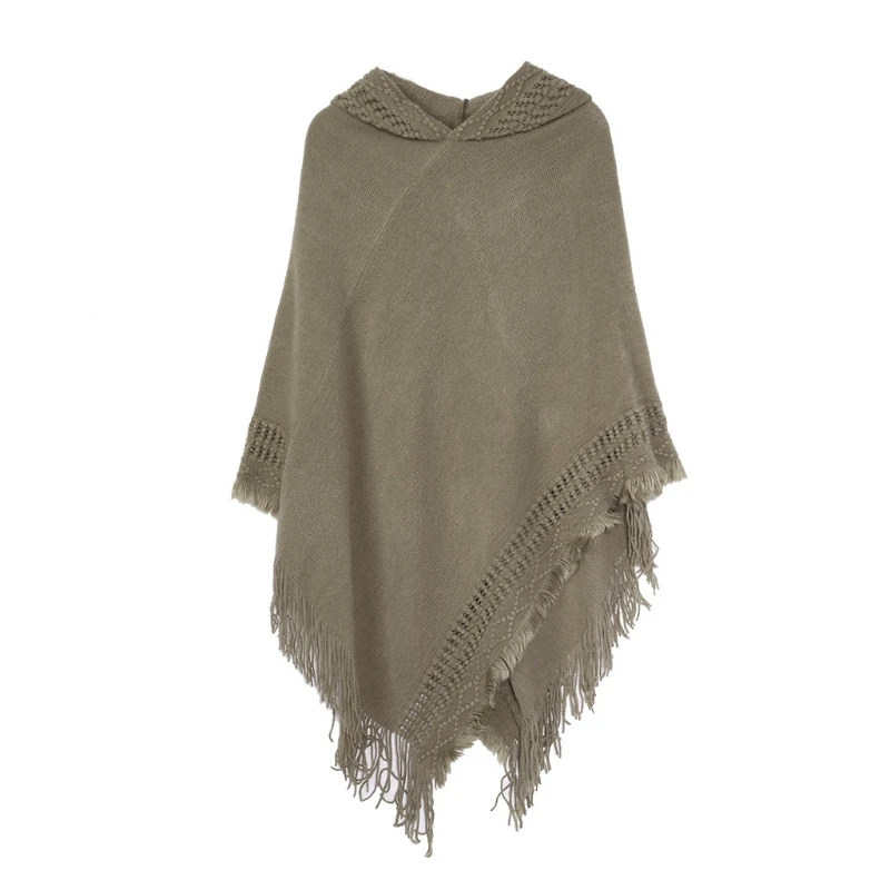 

Q1QA Women Winter Knitted Hooded Poncho Cape Solid Color Crochet Fringed Tassel Shawl Wrap Oversized Pullover Cloak Sweater