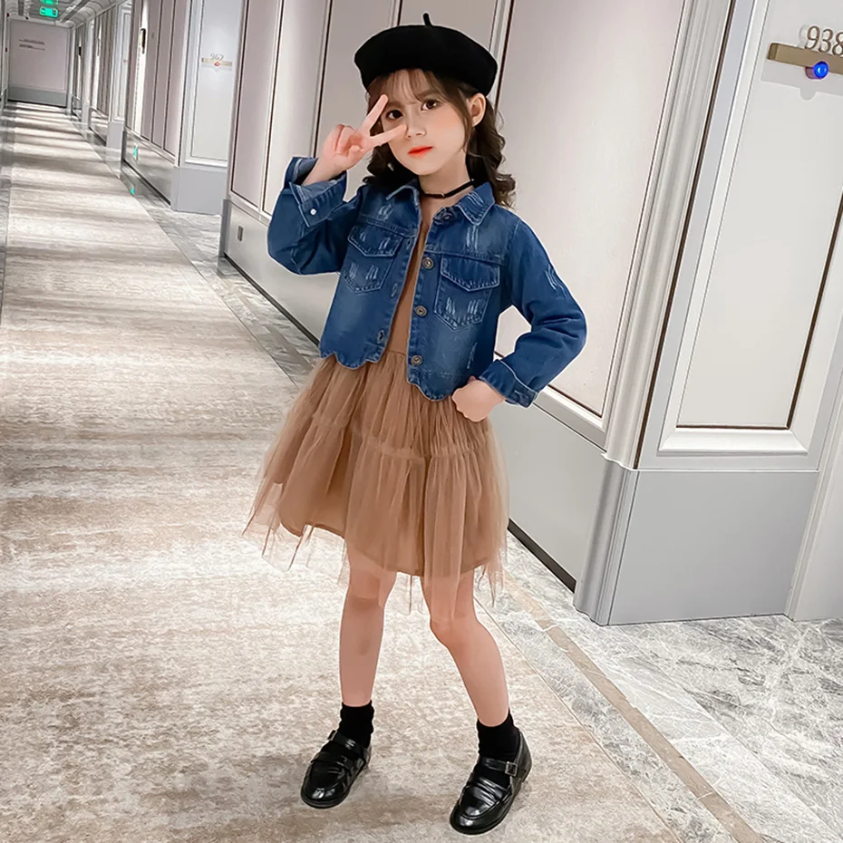 Детская одежда джинсовая куртка и платье спортивные костюмы для девочек