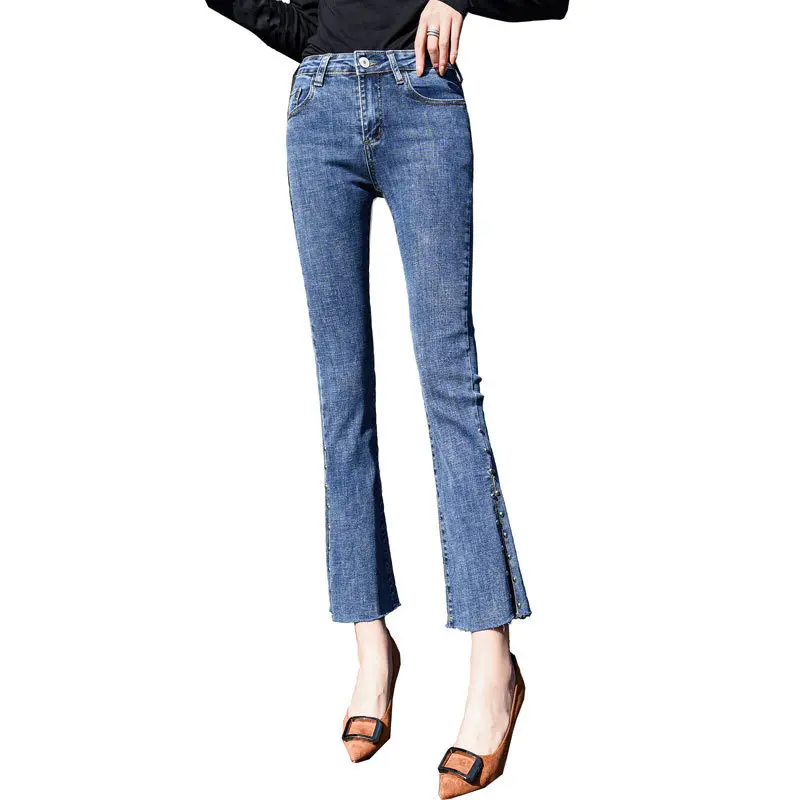 The new spring/summer 2019 flared jeans for women in South Korea show a slim waist with slit and beaded frills | Женская одежда