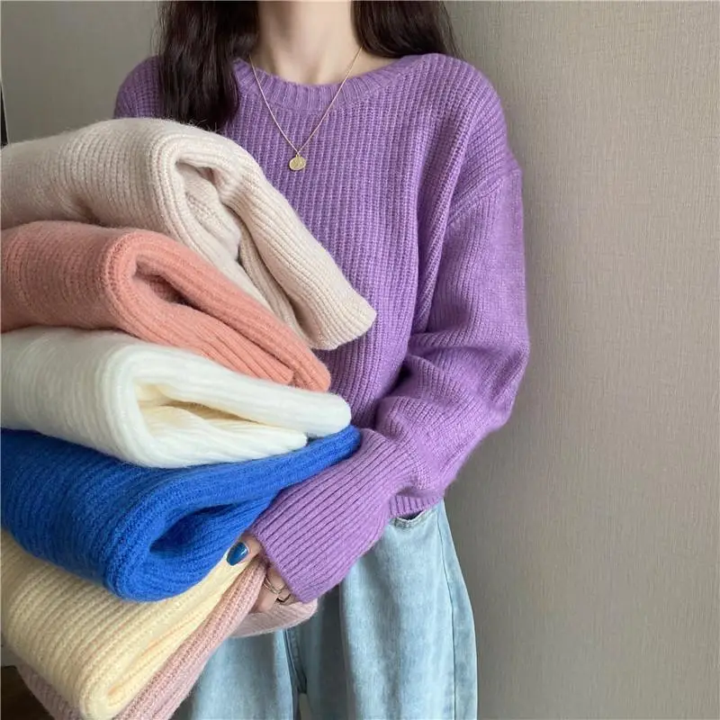 

Solid Pullovers Women Batwing Sleeve Candy Color Winter Japanese Style Trendy Retro Ins Loose Slim Waist Knitted Sweater Ulzzang