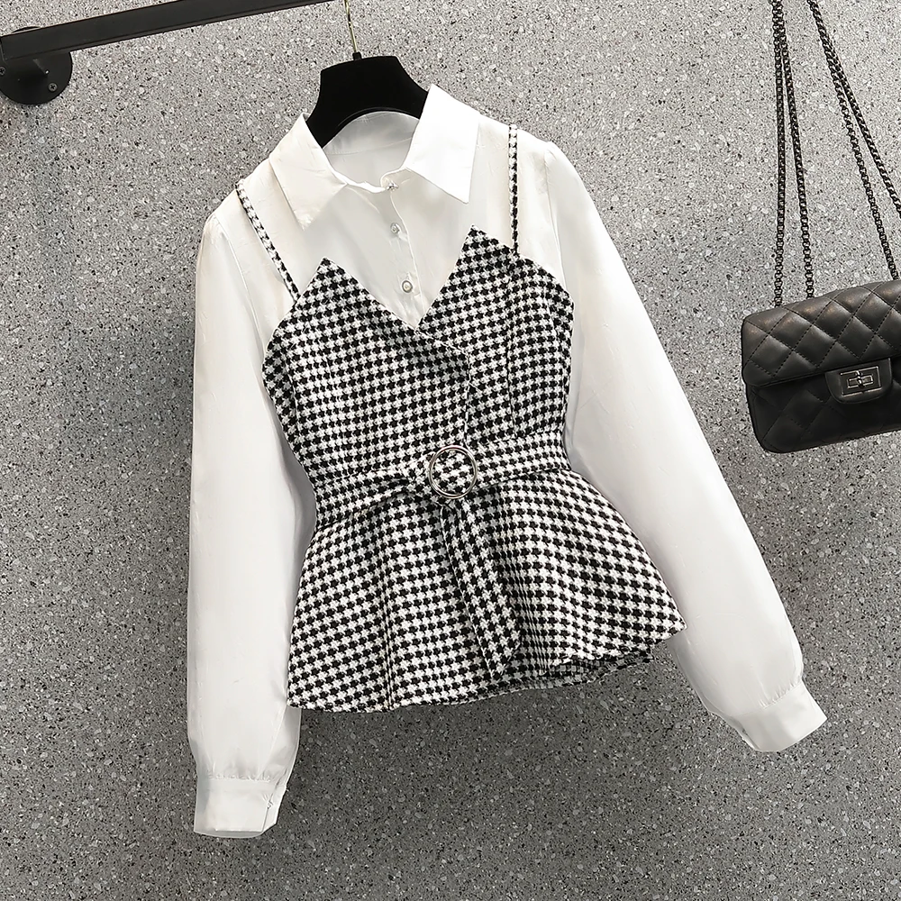 

JSXDHK S-4XL Plus Size Autumn Spring Fake Two Piece Plaid Tweed Shirt Fashion Women Houndstooth Patchwork White Blouse With Belt