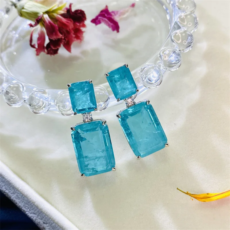 

100% 925 Sterling Silver Paraiba Tourmaline Gemstone Drop Dangle Earrings for Women Cocktail Party Fine Jewelry for Women