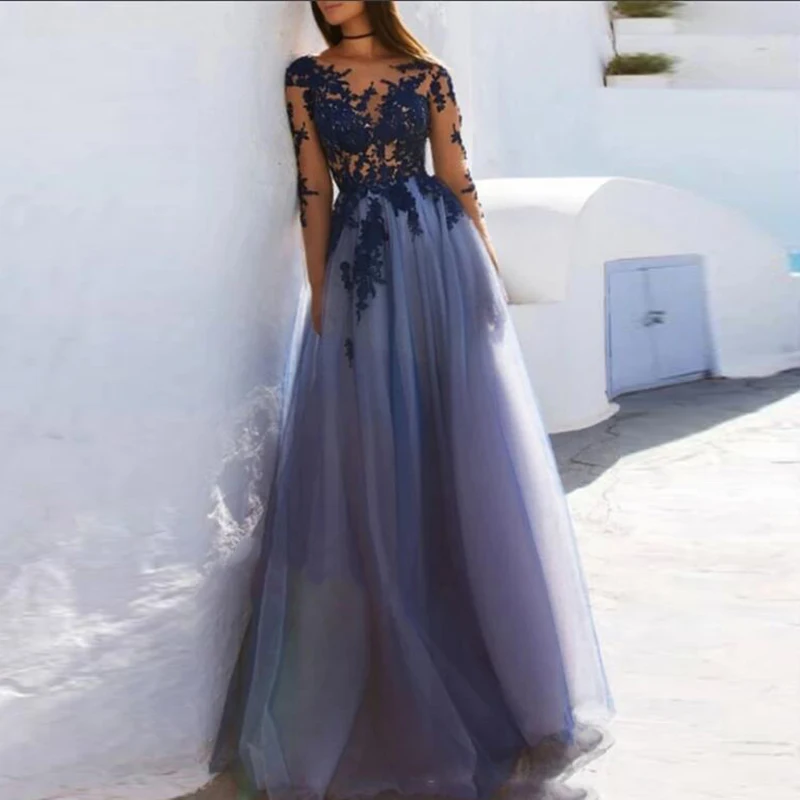

Blue Evening Dress O-Neck Appliques Lace Long Sleeves Tulle Sexy Prom Gown Party Dress for Graduation dress women elegant 2020