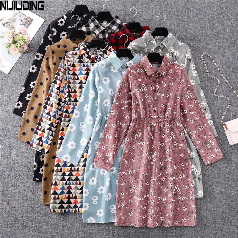 

NIJIUDING 2020 Autumn Women's Fashion Korean Version of Fresh Print Temperament Lapel Dresses Long Sleeve High Waist Slim Dress