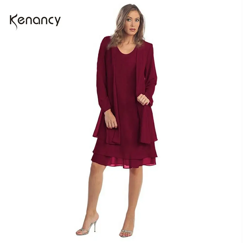 Kenancy осенний Женский комплект из 2 предметов, шифоновый жакет, платье, однотонное красное с круглым вырезом, без рукавов, с длинным рукавом, женский костюм, платье, Женское пальто