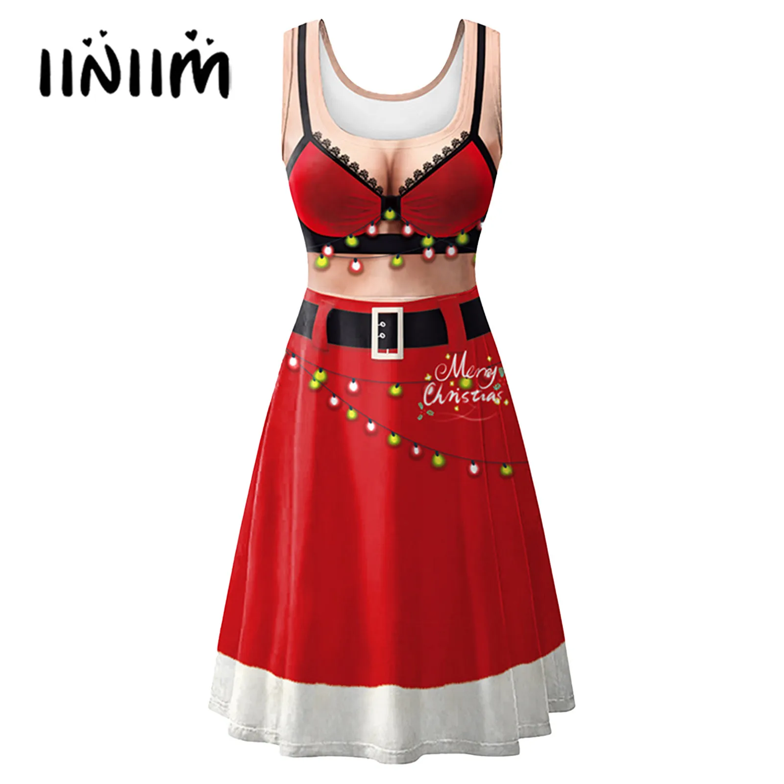 

Womens Christmas 3D Print U Neck Dresses Carnival Cosplay Costume Sleeveless Slim Fit Pleated Dress for Family Holiday Party