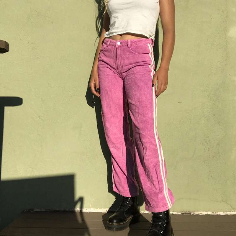 

Women's Straight Leg Pants Casual Mid Waist Side Striped Print Loose Corduroy Pants Long Trousers Ladies Vintage Sweatpants