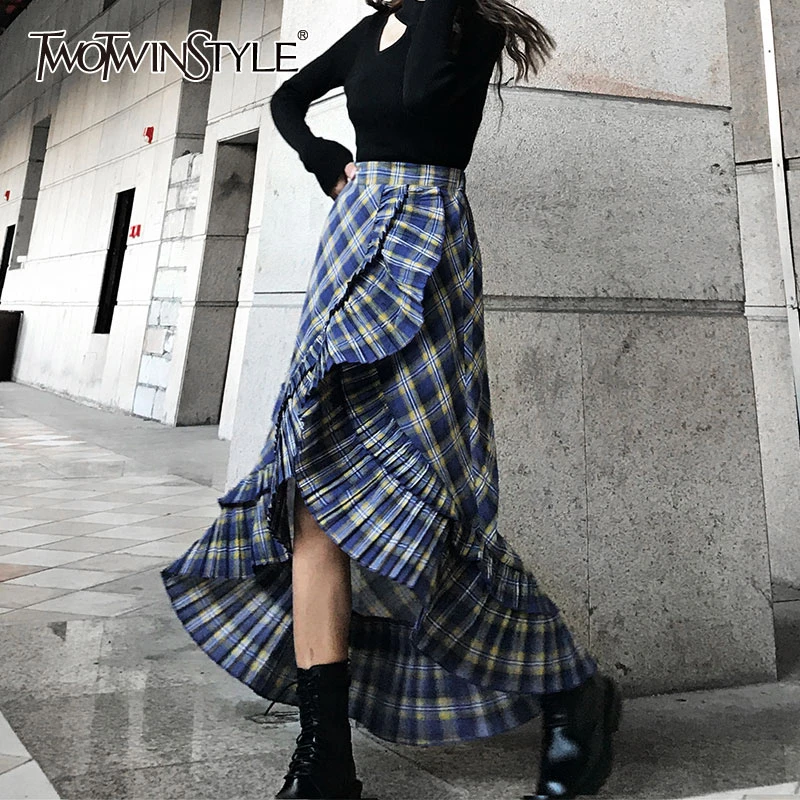 Женская клетчатая юбка TWOTWINSTYLE с высокой талией и оборками 2020| |