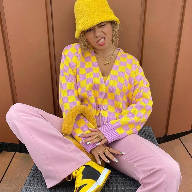 

Blingirl 2021 Autumn Women Long Sleeve Knitted Plaid Single Button Patchwork Crop Top Bodycon Sexy Fashione Streetwear Clothes