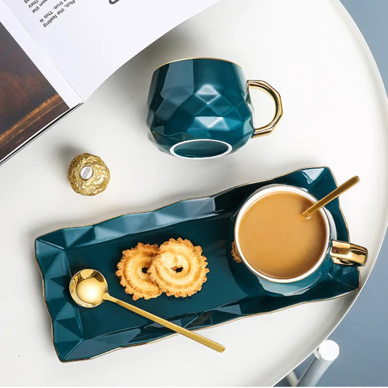 

Nordic Ceramic Coffee Cup with Spoon and Saucer Set Creative European Luxury Breakfast Snack Afternoon Tea Tableware Tray Set
