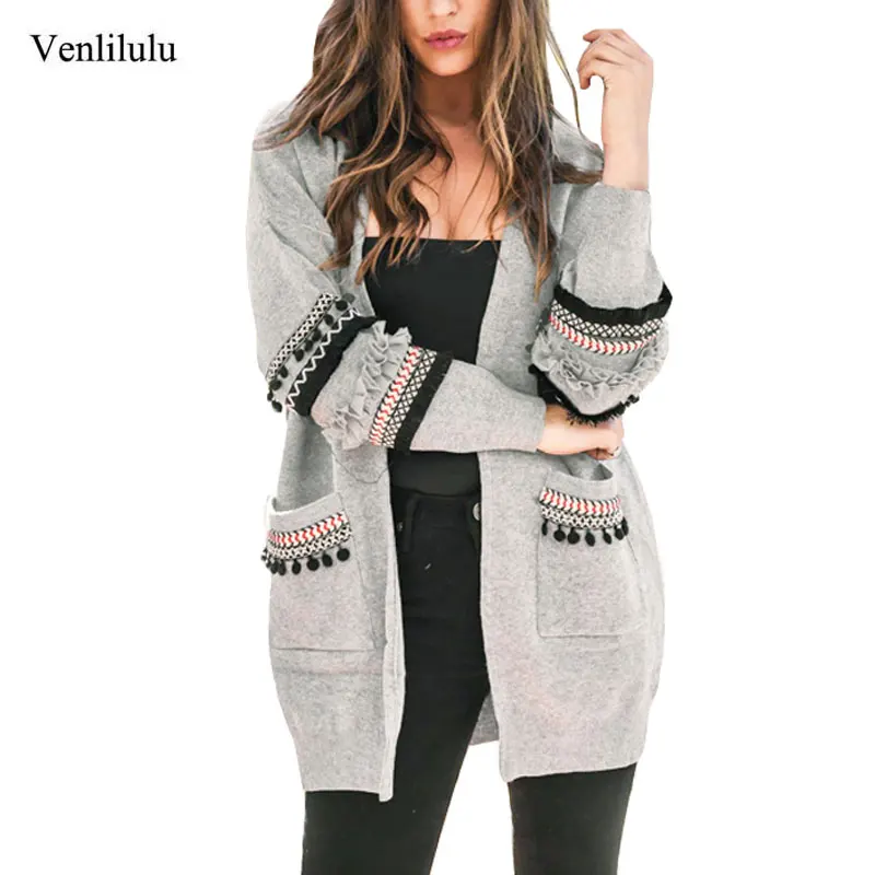 Женский длинный кардиган вязаный свитер с длинным рукавом Свободный на осень 2019|