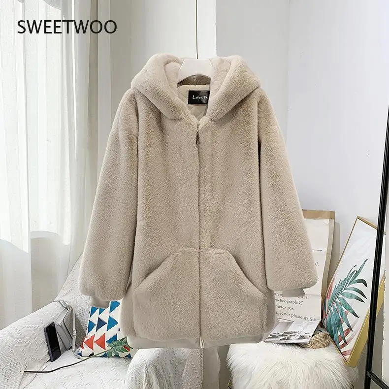 Fashion Plush coat women's winter imitation Rex Rabbit Fur grass loose medium length 2021 new hooded thickened coat