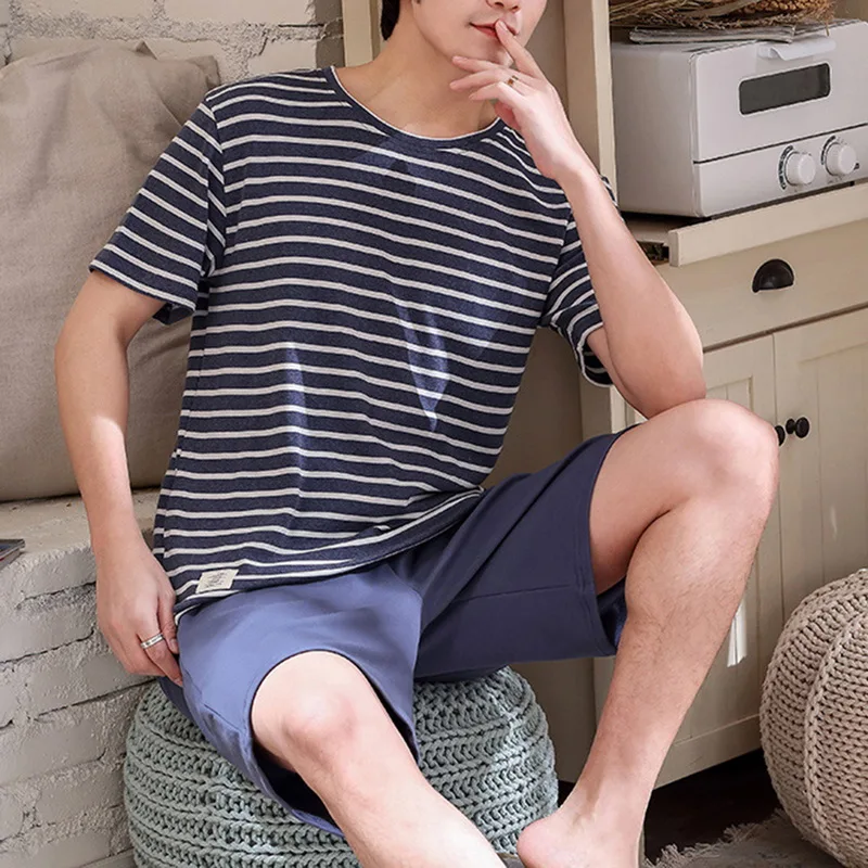 

Men Summer Cotton Short-sleeved Shorts Pajamas Set Thin Section Home Suit Multi Styles L-3XL Plus Sizes