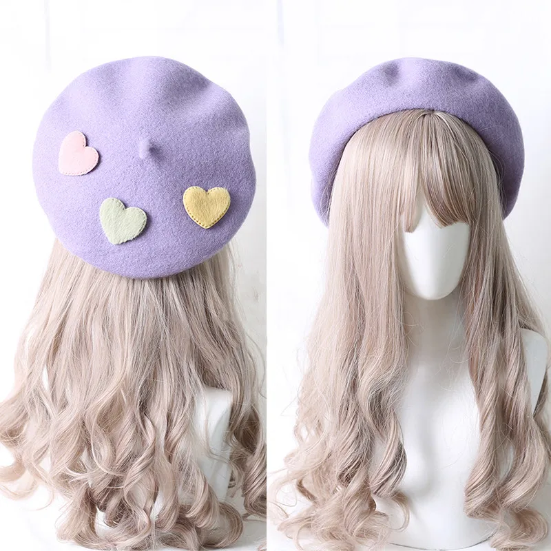 Cute Girls Kawaii Little love Beret Sweet Lolita Headwear Purple Beanies Hat Handmade Wool Felt Women Beret Wholesale