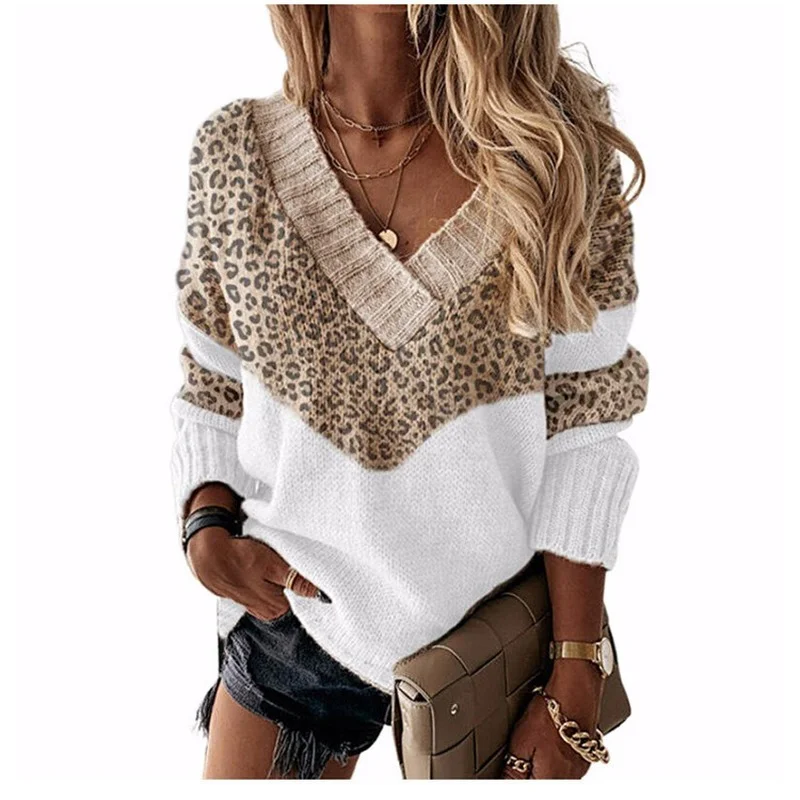 

Women's Knitted Sweater Sexy V-neck Leopard Patchwork Long-Sleeved Knitting Top Pullover Ladies Autumn Winter Warm Female Jumper