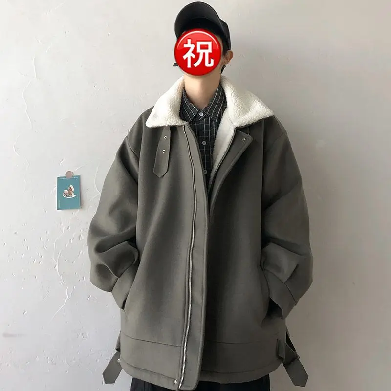 

Harajuku solid cotton jacket men lamb wool warm jacket 2021 winter Hong Kong preppy style casual loose thick cotton jacket trend