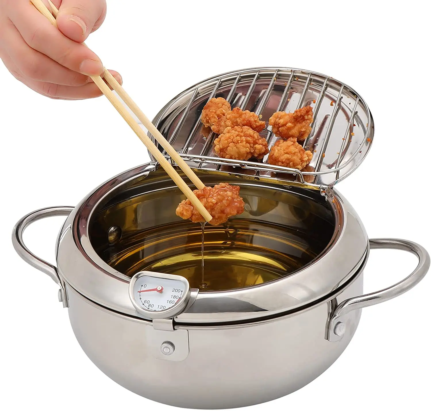 

Japanese Style Deep Frying Pot Tempura Fryer with Thermometer Drainer Rack Cookware Stove Top Cooker for Fries Shrimp