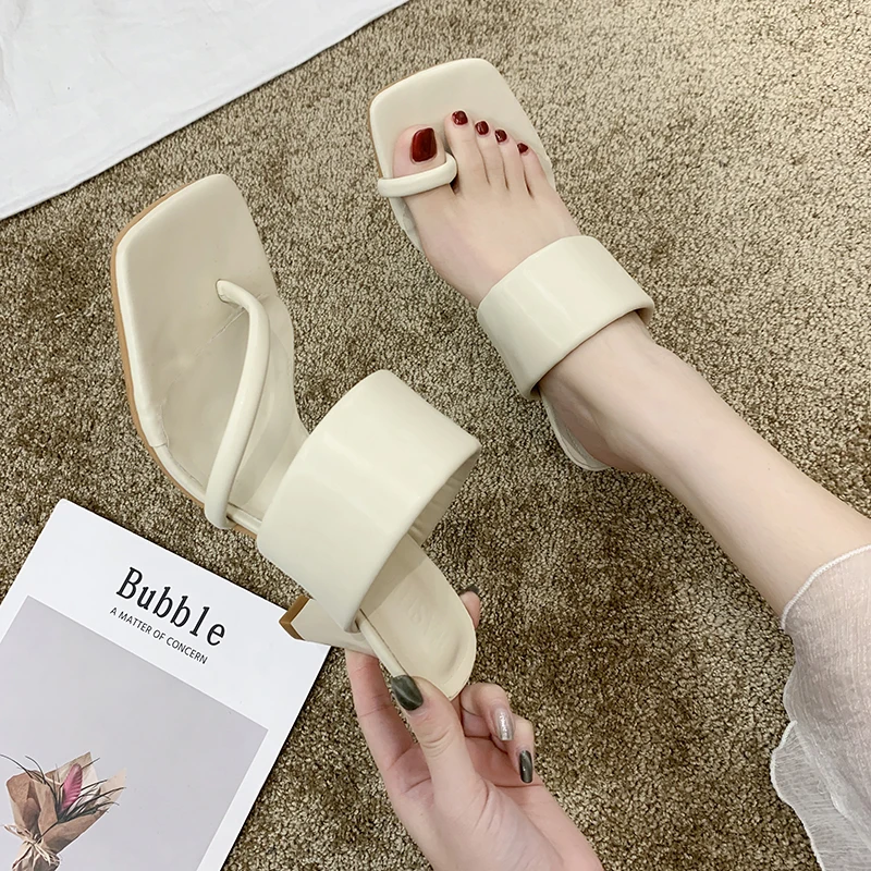 

Slippers Casual Thin Heels Shoes Slides Rubber Flip Flops Heeled Mules Med Square Toe Luxury Soft Hawaiian High Fretwork Concise